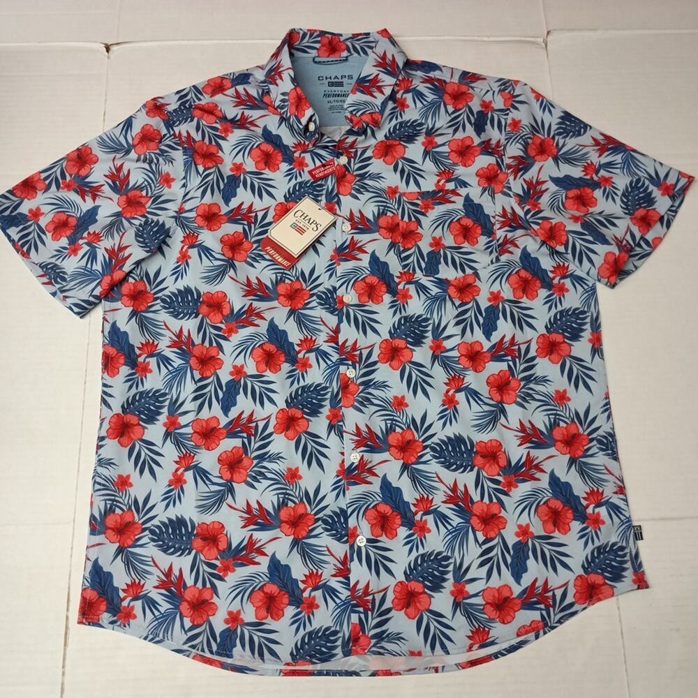 Chaps Everyday Performance Shirt Men's Size XL Costal Blue Floral Stretch UPF 50